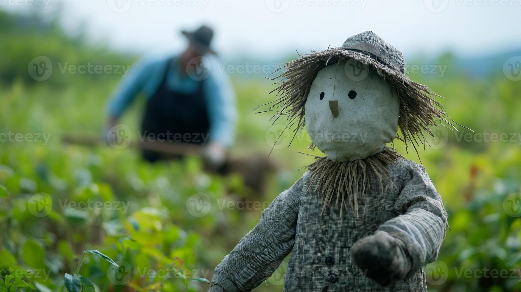 A scarecrow standing in a field, with a blurred farmer working among the crops in the background, adding a traditional farm touch photo