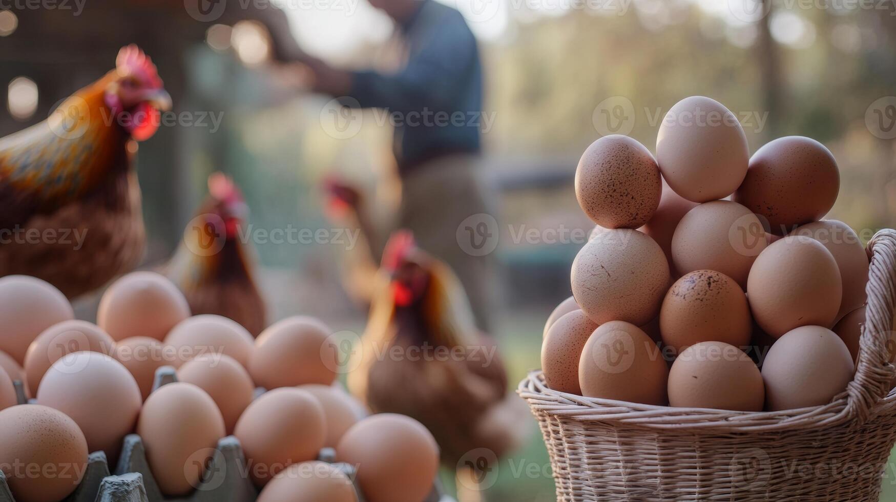 A stack of fresh eggs in a basket in the foreground, with a blurred farmer feeding chickens in the background, emphasizing sustainable farming photo