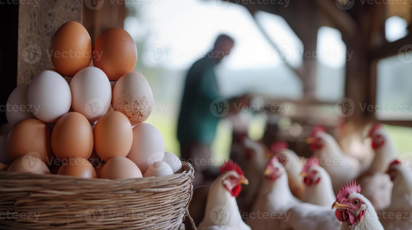 A stack of fresh eggs in a basket in the foreground, with a blurred farmer feeding chickens in the background, emphasizing sustainable farming photo