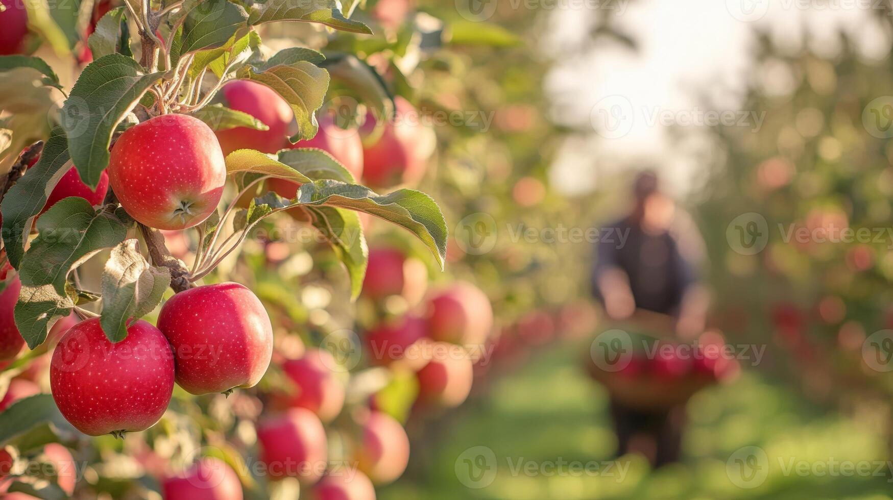 A vibrant apple orchard with ripe red apples on the trees, while a blurred farmer is harvesting in the background photo