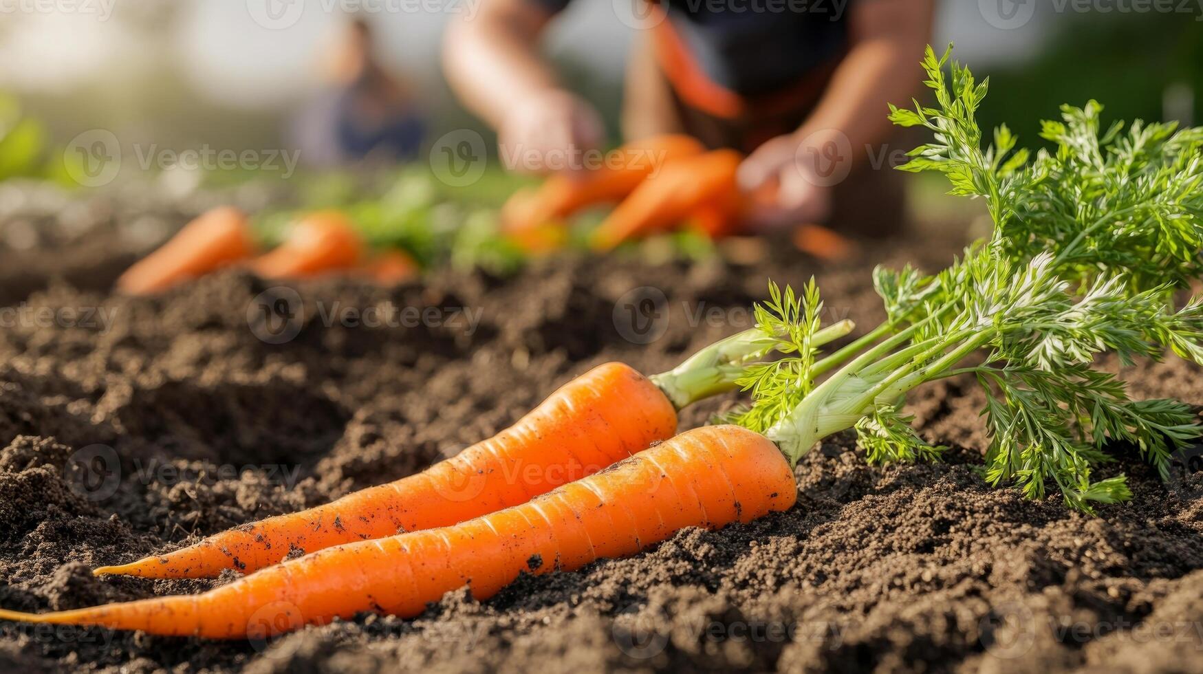 Freshly picked carrots lying on the soil in the foreground, while a blurred farmer continues harvesting in the background photo