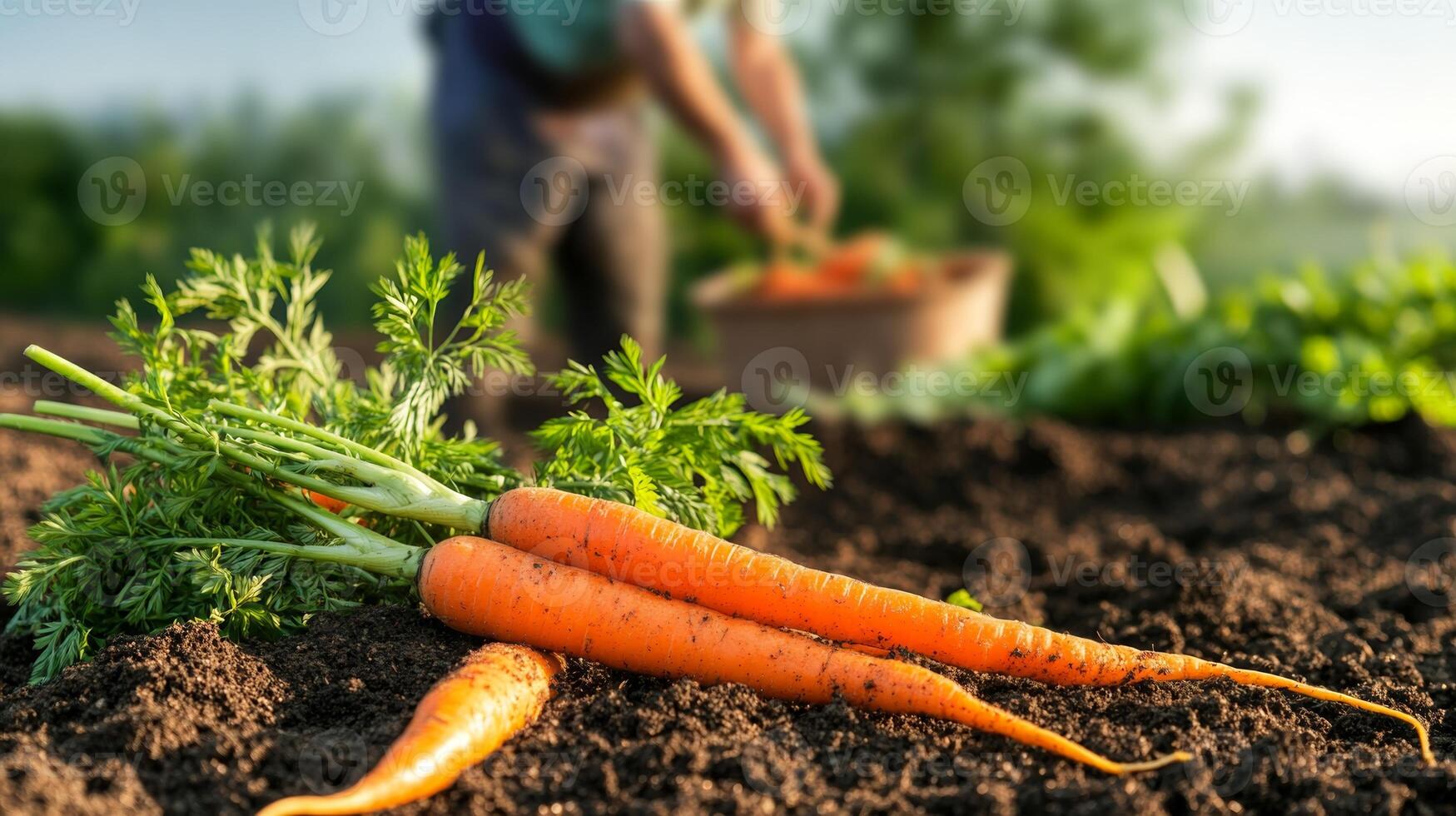 Freshly picked carrots lying on the soil in the foreground, while a blurred farmer continues harvesting in the background photo