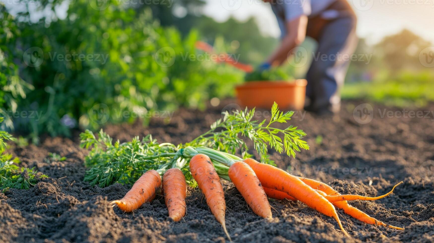 Freshly picked carrots lying on the soil in the foreground, while a blurred farmer continues harvesting in the background photo