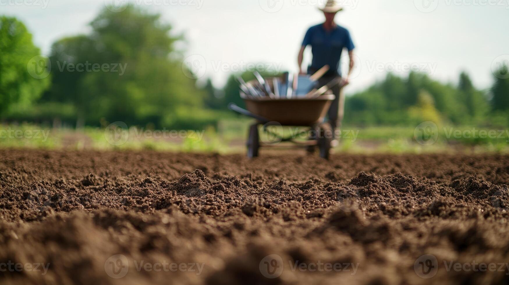 Freshly tilled soil in the foreground, with a blurred farmer pushing a wheelbarrow full of tools in the background photo