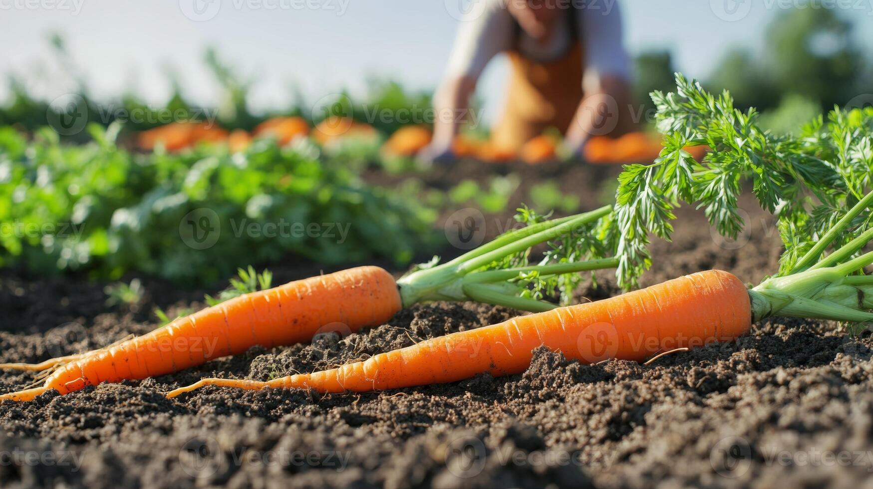Freshly picked carrots lying on the soil in the foreground, while a blurred farmer continues harvesting in the background photo