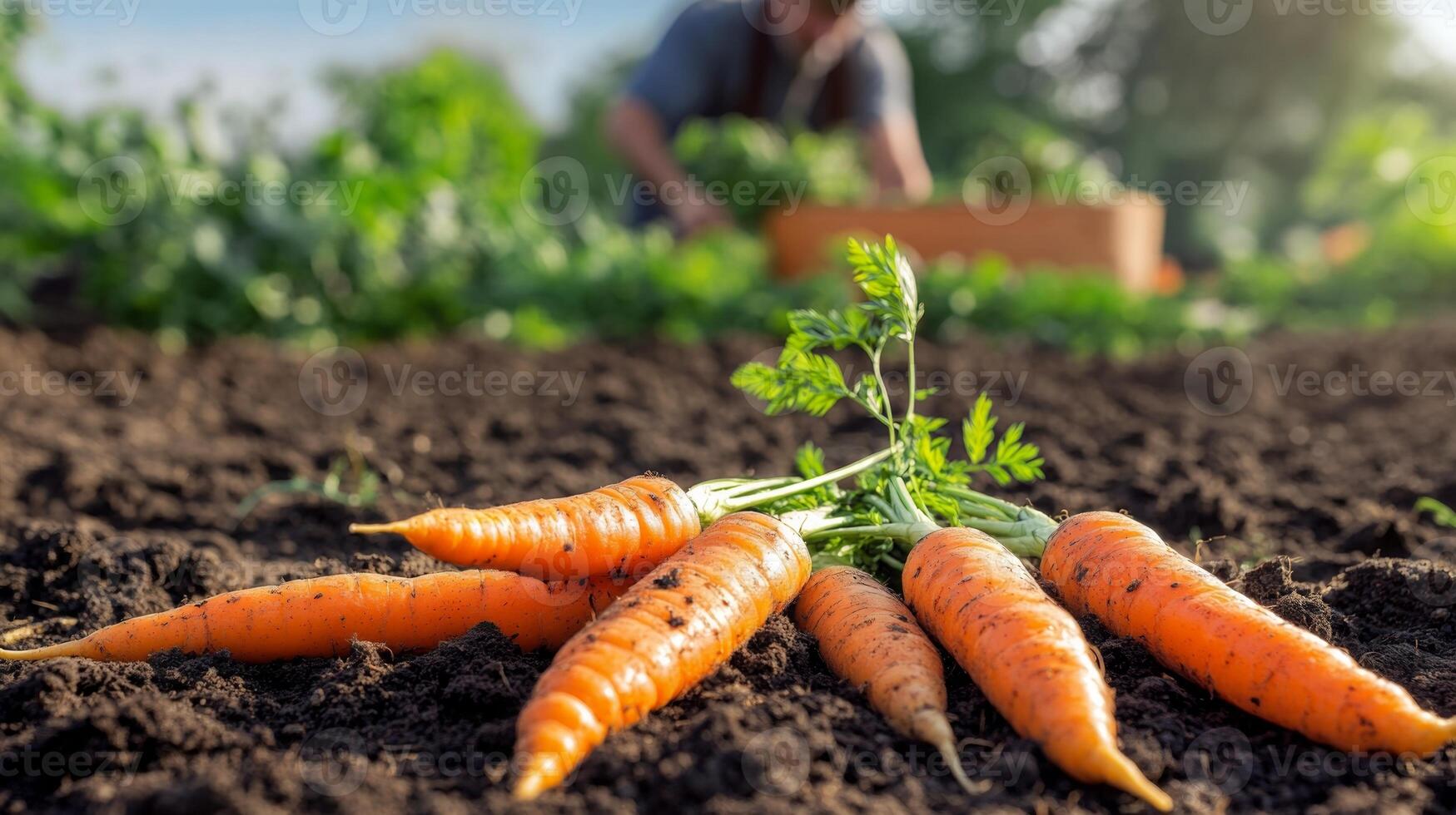 Freshly picked carrots lying on the soil in the foreground, while a blurred farmer continues harvesting in the background photo