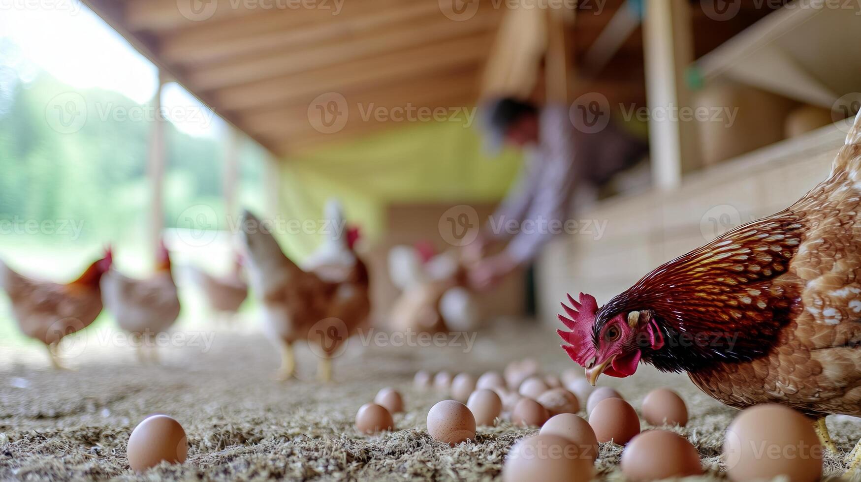 A chicken coop with hens pecking the ground in the foreground, and a blurred farmer collecting eggs in the background photo
