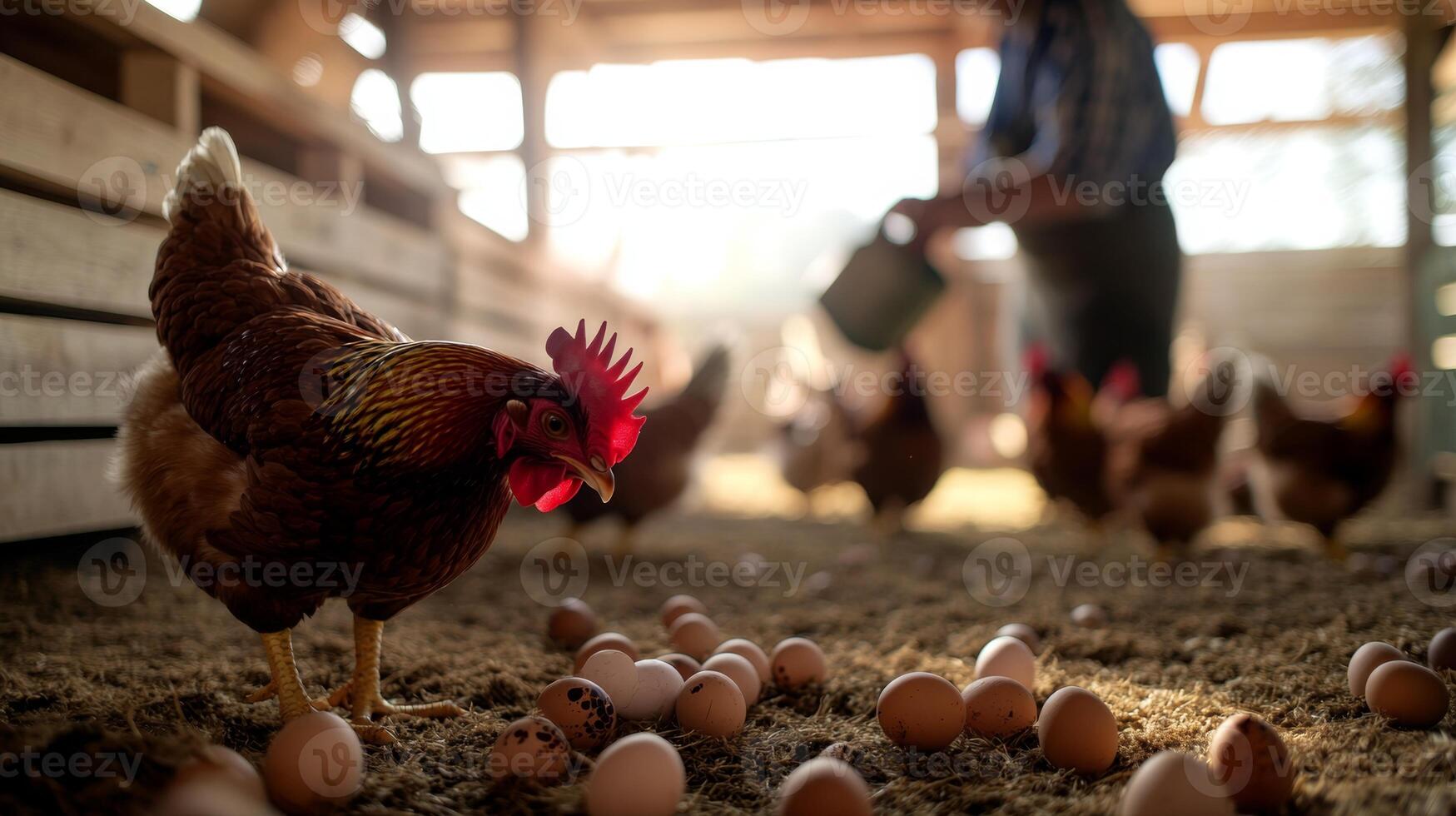 A chicken coop with hens pecking the ground in the foreground, and a blurred farmer collecting eggs in the background photo