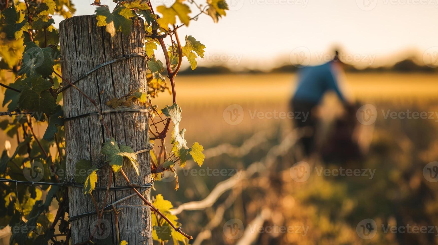 A closeup of a fence post with vines growing around it, while a blurred farmer works in the fields beyond, symbolizing farm care photo