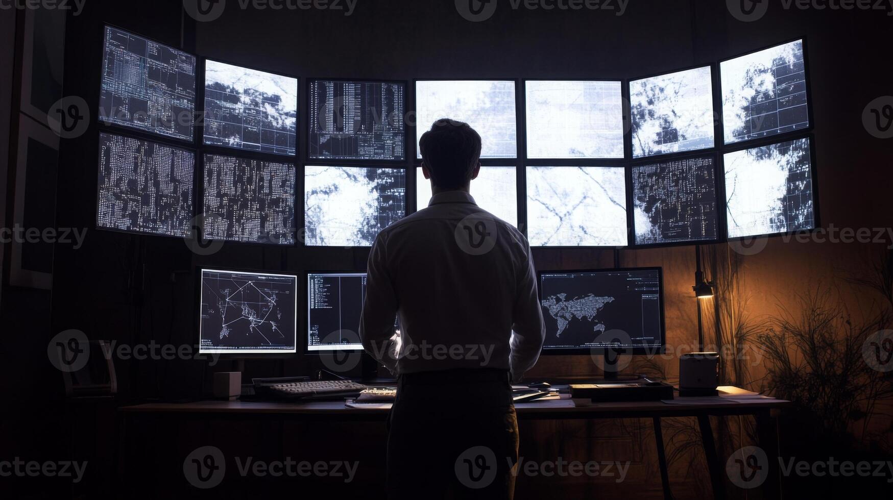 A man analyzing data on a large multi-screen setup in a dark room photo