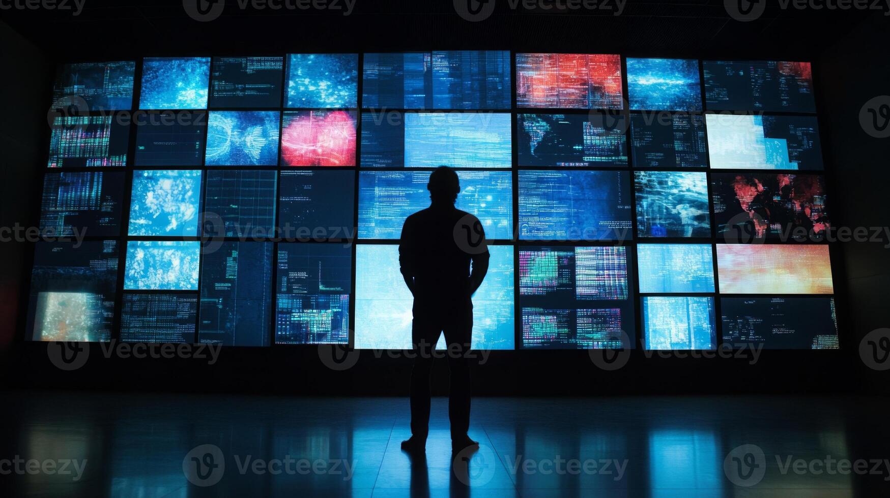 A man analyzing data on a large multi-screen setup in a dark room photo