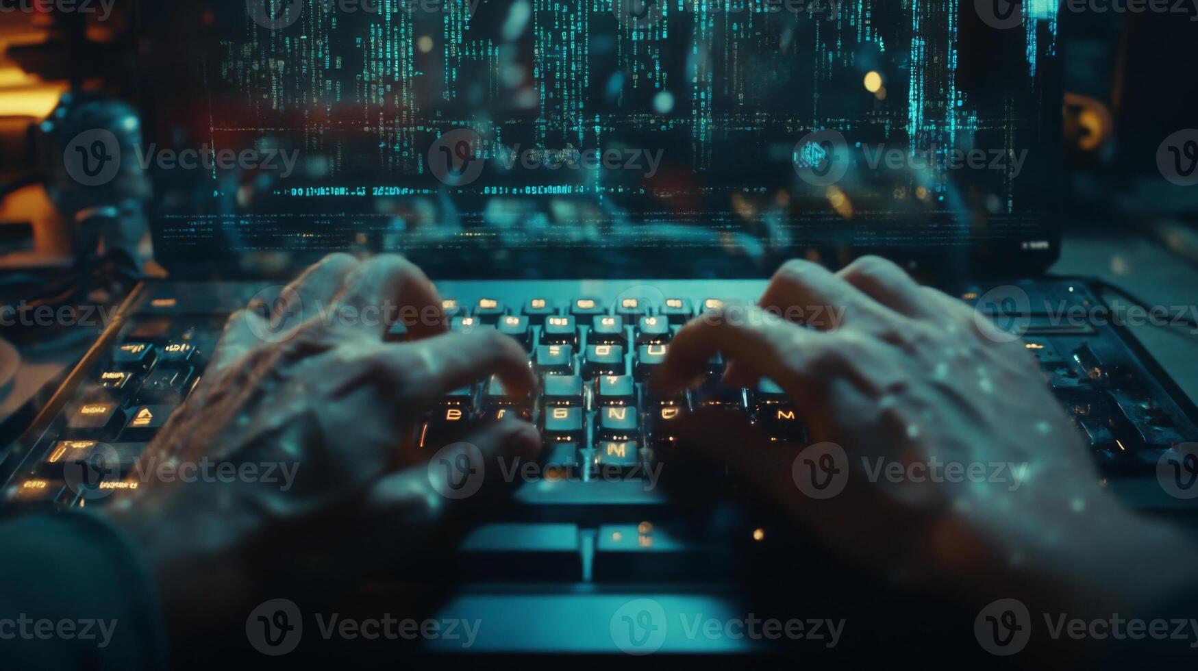 A programmer typing rapidly on a keyboard, surrounded by digital code photo