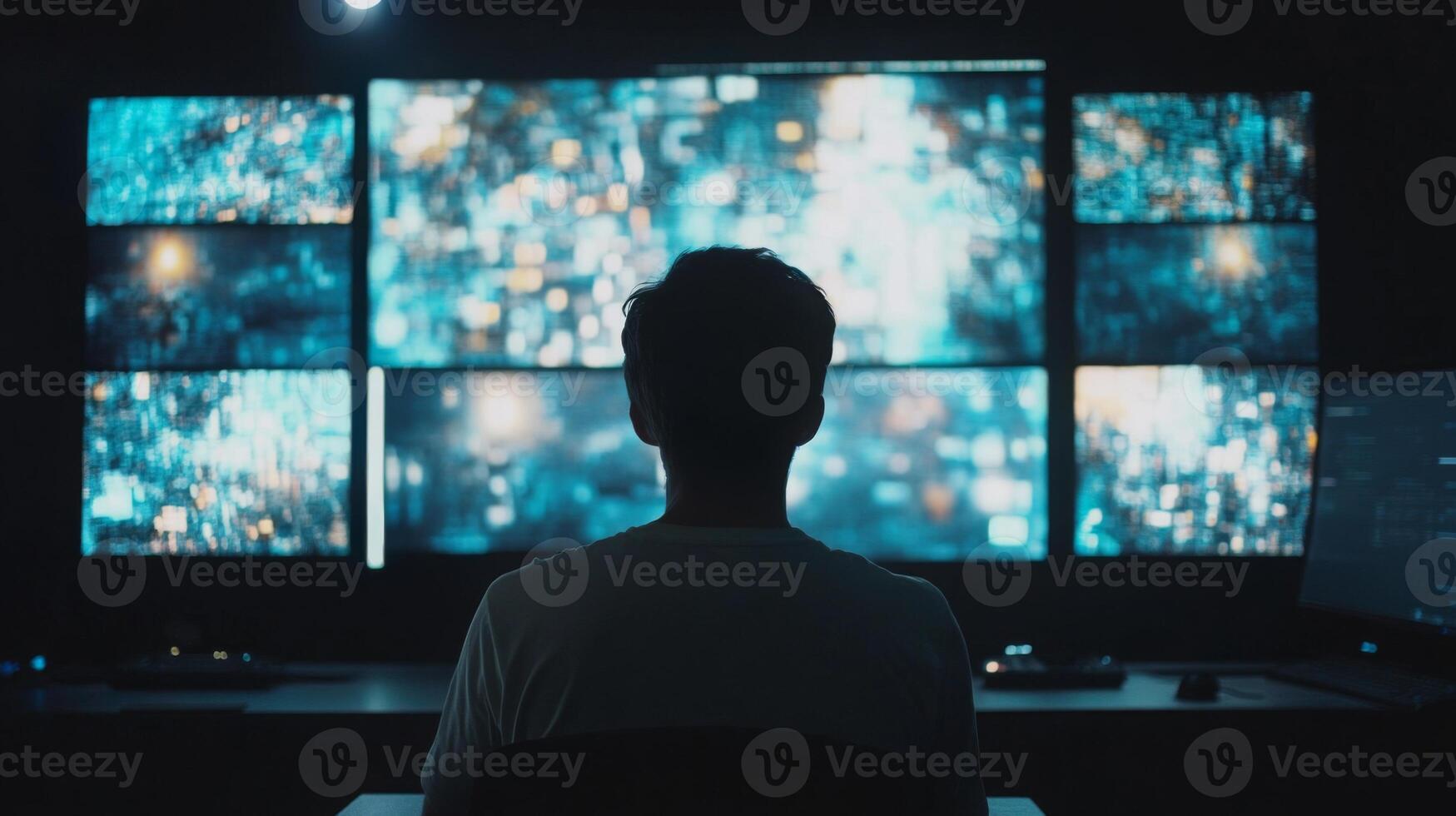 A man analyzing data on a large multi-screen setup in a dark room photo