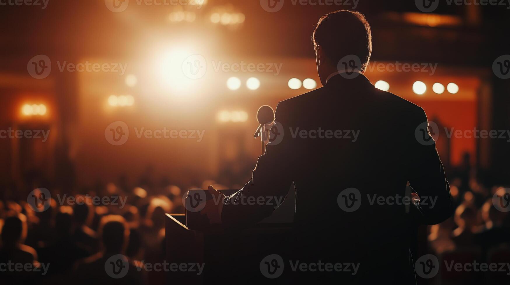 A politician passionately delivering a speech from a podium at a formal event photo