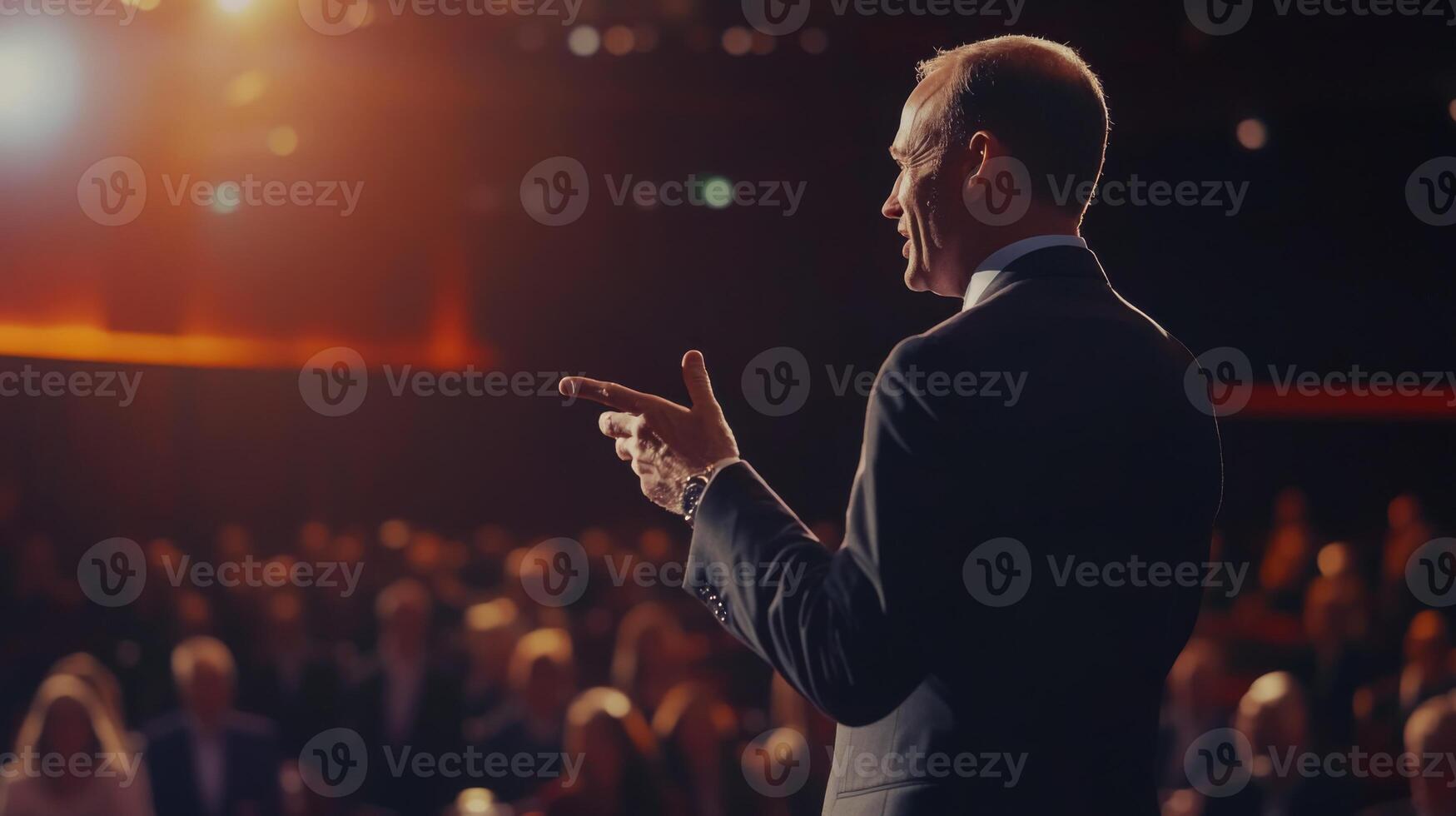 A corporate leader speaking at an annual meeting, gesturing confidently photo