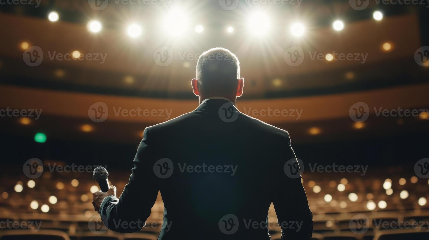 A professional speaker with a microphone delivering an inspirational talk in a well-lit auditorium photo