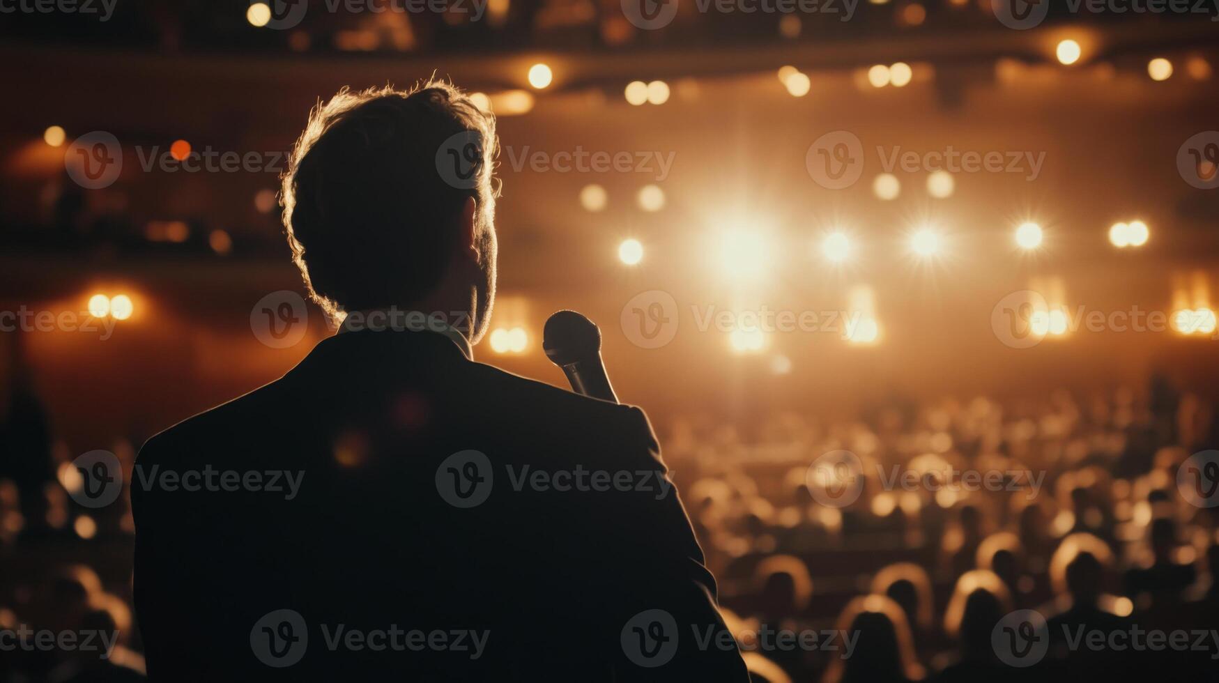A professional speaker with a microphone delivering an inspirational talk in a well-lit auditorium photo