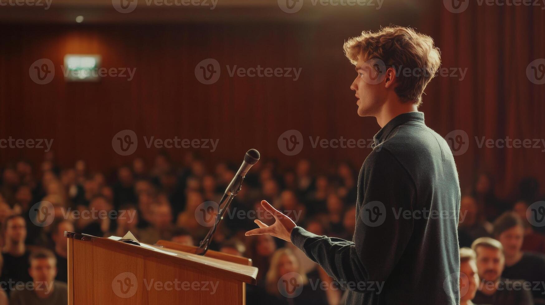 A young man standing at a podium, passionately addressing a conference crowd photo