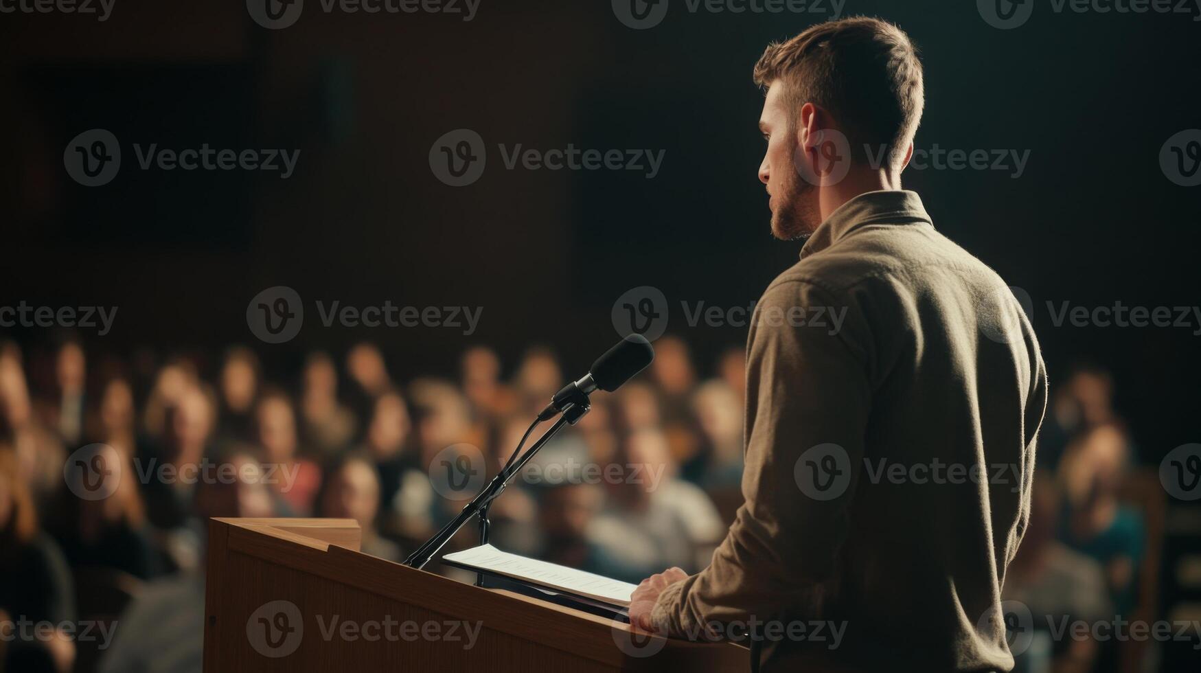 A young man standing at a podium, passionately addressing a conference crowd photo