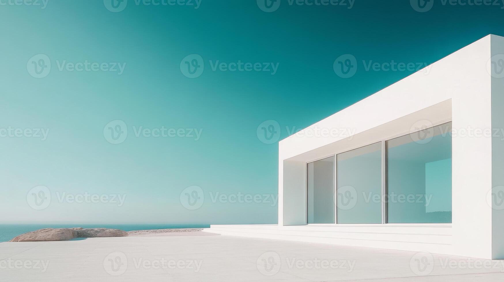 Minimalist white concrete house with large windows and a clean design photo