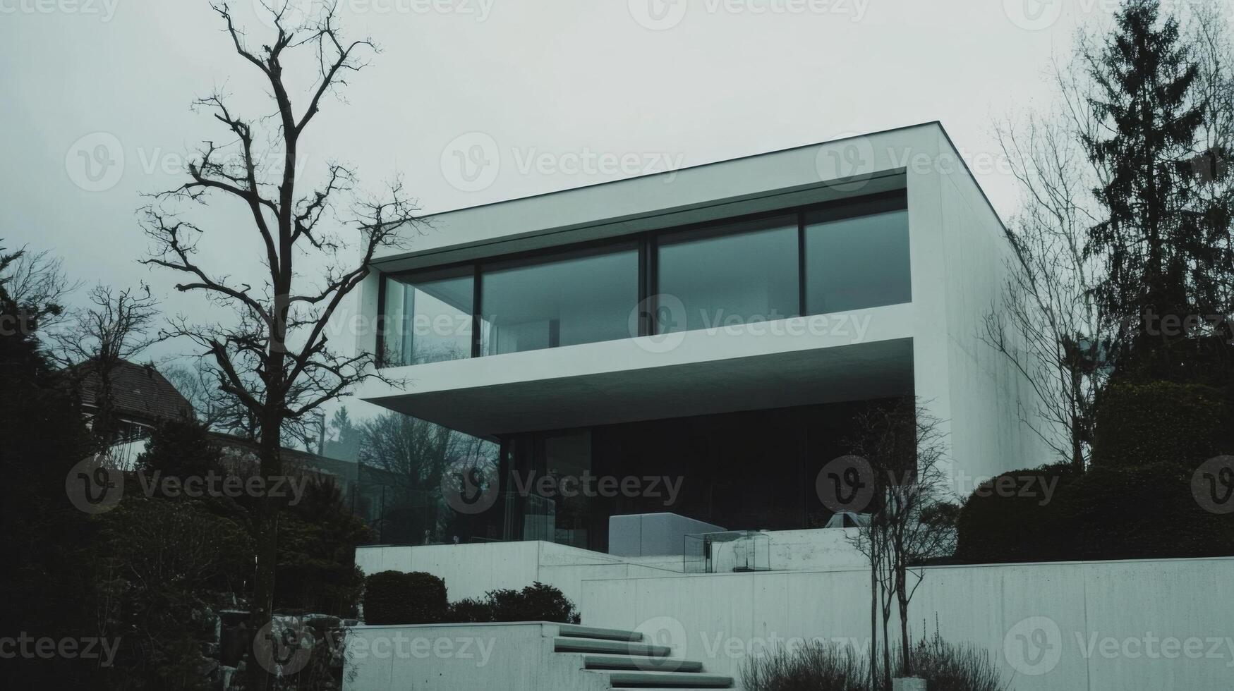 Minimalist white concrete house with large windows and a clean design photo