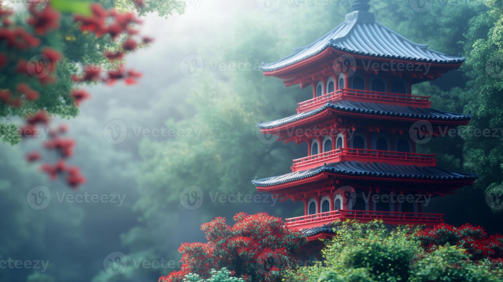 Traditional Japanese pagoda with vibrant red wood and intricate details photo