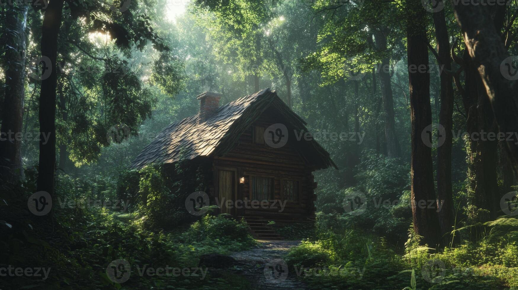 Quaint wooden cabin in the middle of a dense forest photo