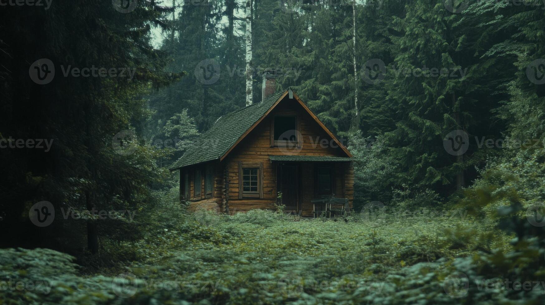 Quaint wooden cabin in the middle of a dense forest photo