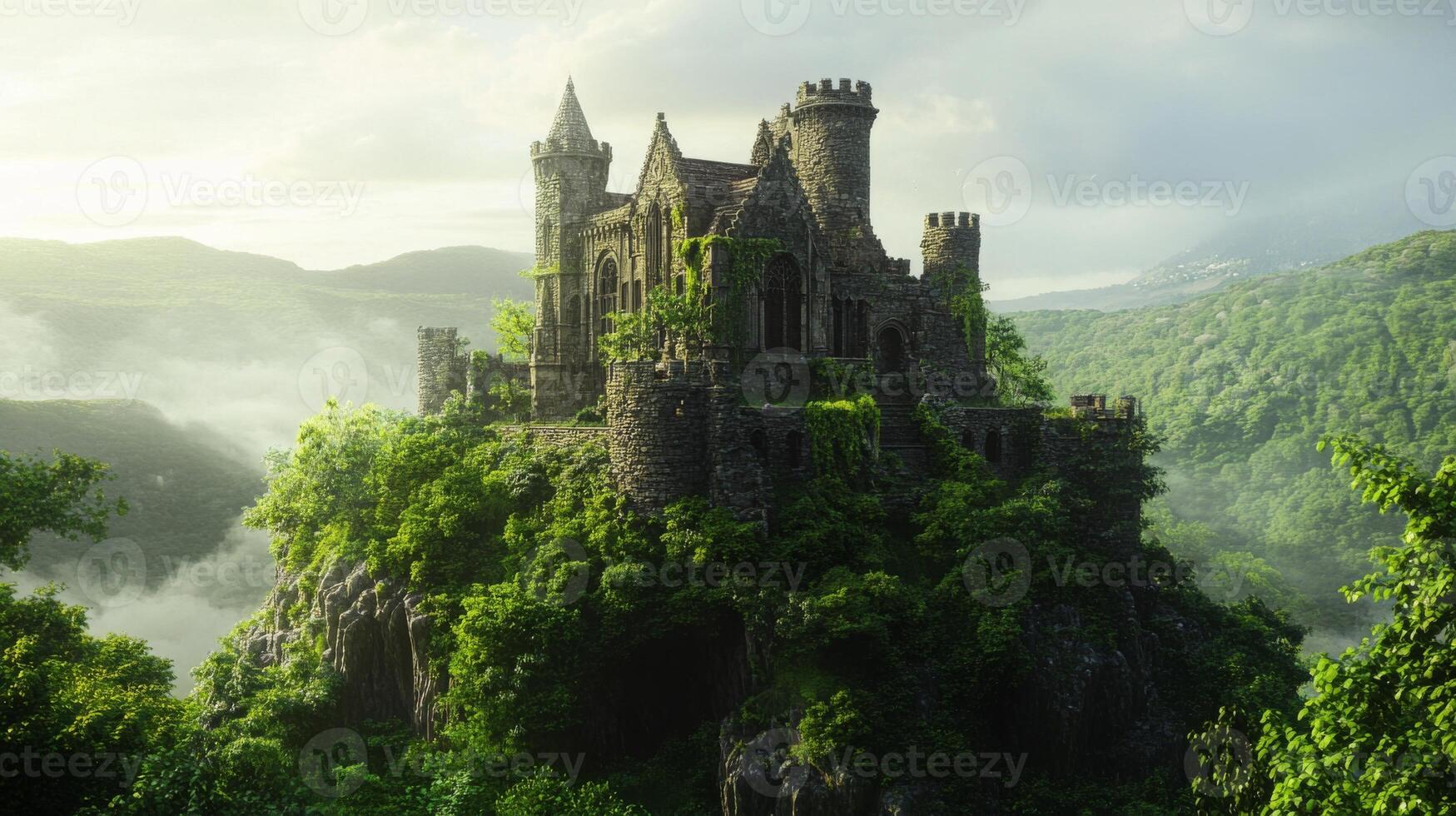 Ancient stone castle on a hill, with lush greenery surrounding it photo