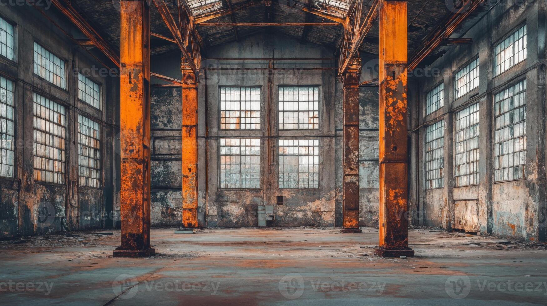 Abandoned industrial factory with rusted metal beams and broken windows photo