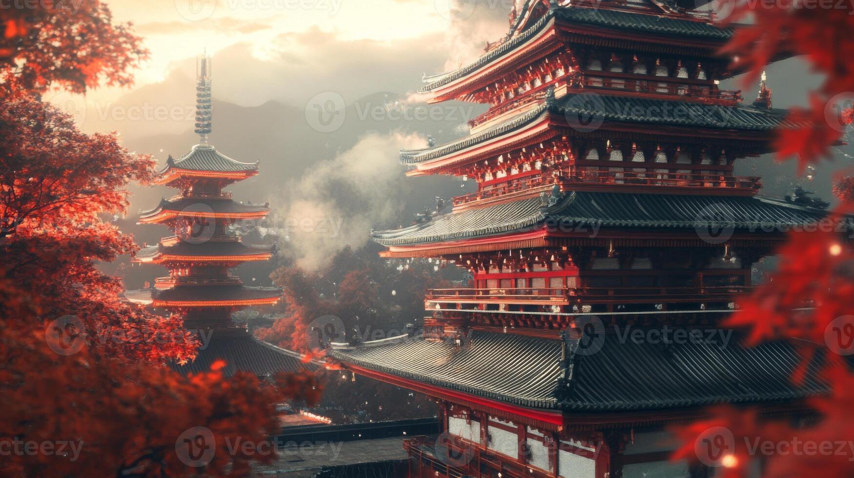 Traditional Japanese pagoda with vibrant red wood and intricate details photo