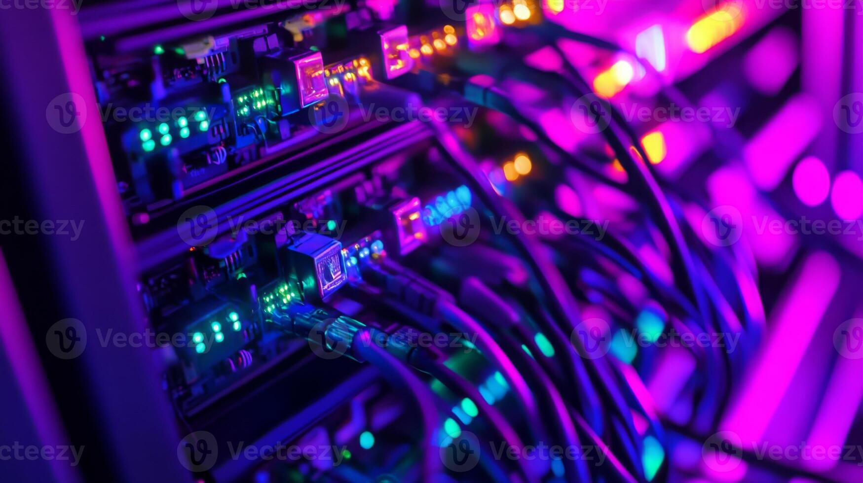 Data center with rows of glowing servers and fiber optic cables photo