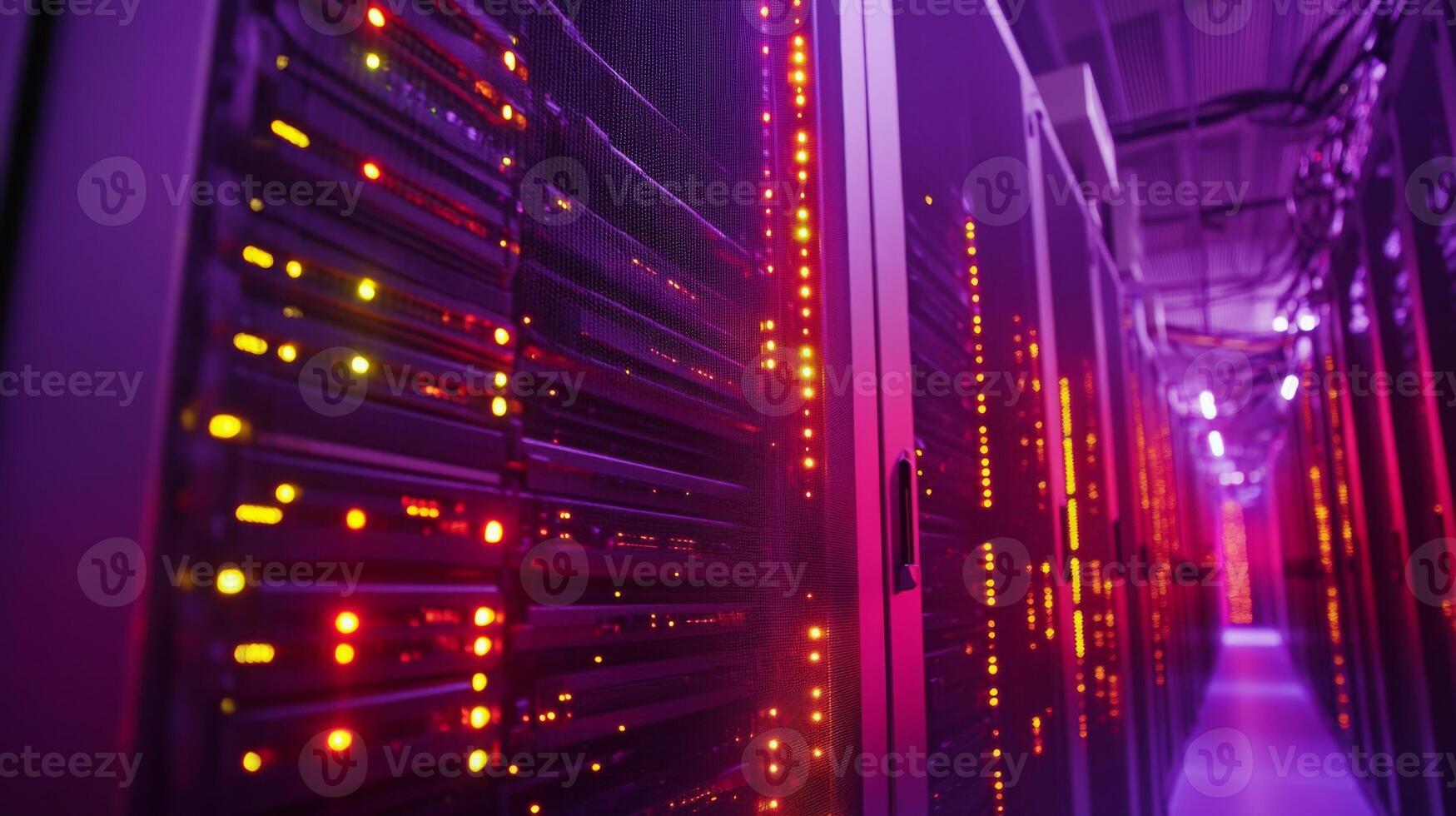 Data center with rows of glowing servers and fiber optic cables photo