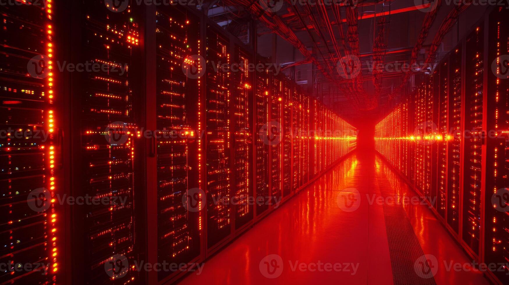Data center with rows of glowing servers and fiber optic cables photo