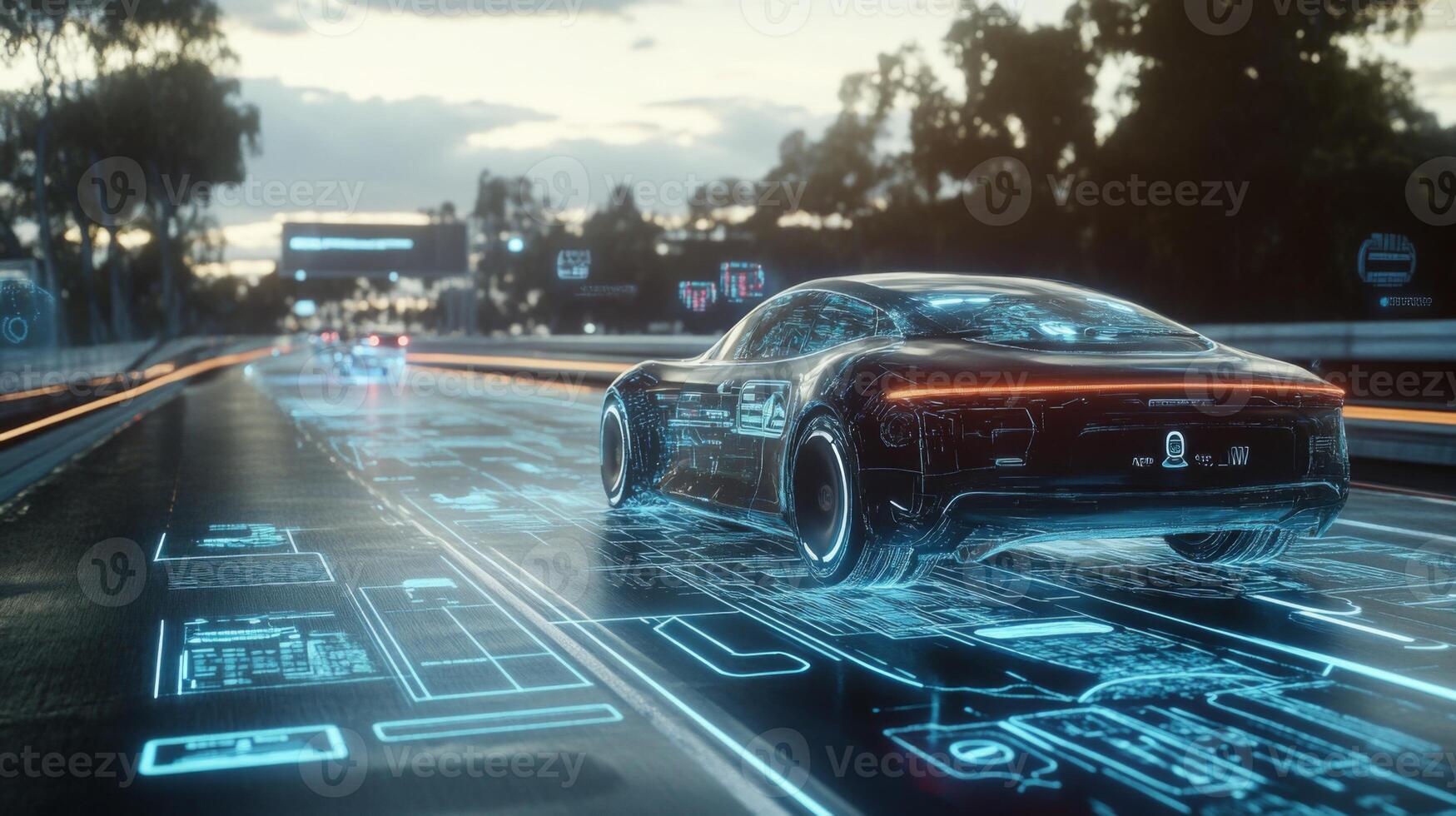 Futuristic self-driving car on an open road, surrounded by digital interfaces photo