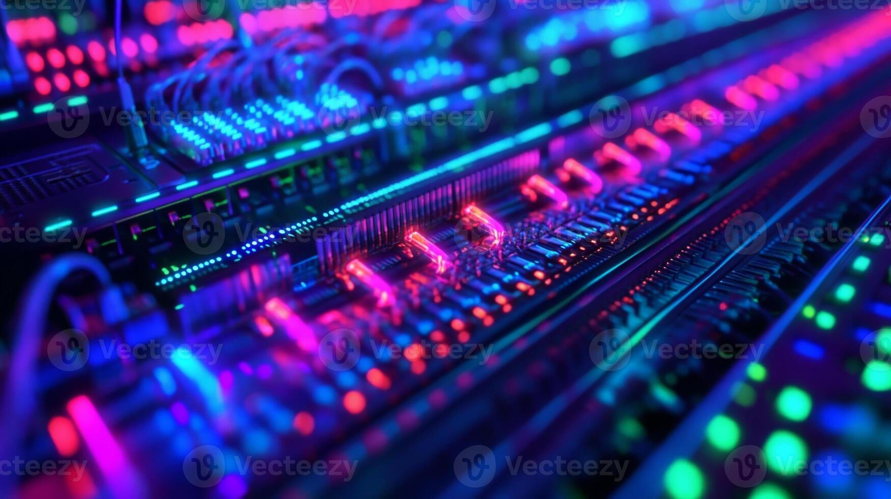 Data center with rows of glowing servers and fiber optic cables photo