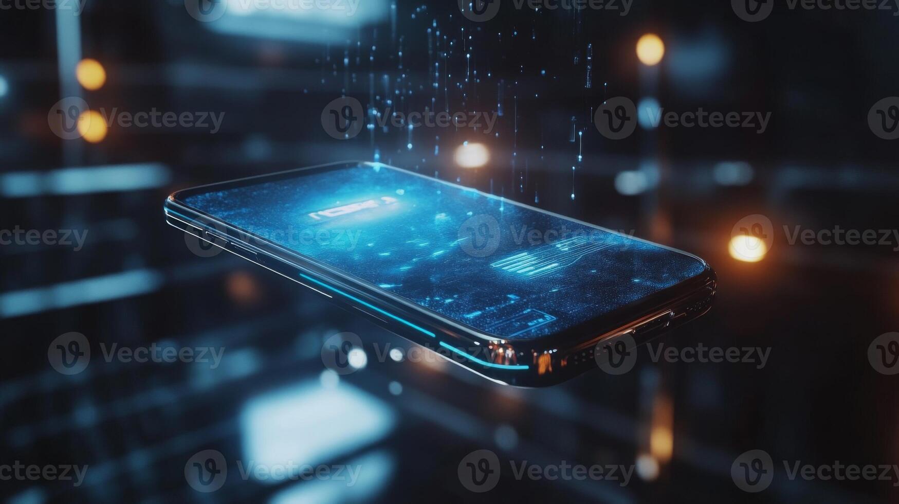 Sleek, futuristic smartphone with a holographic display, floating in midair photo