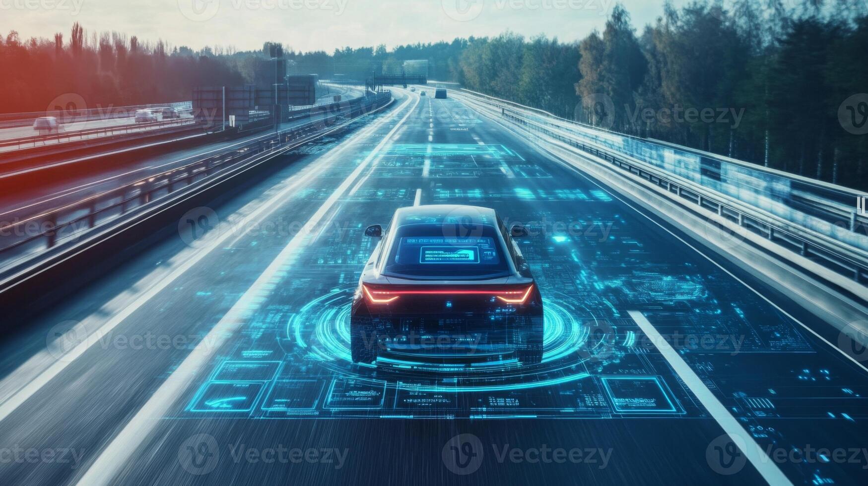 Futuristic self-driving car on an open road, surrounded by digital interfaces photo