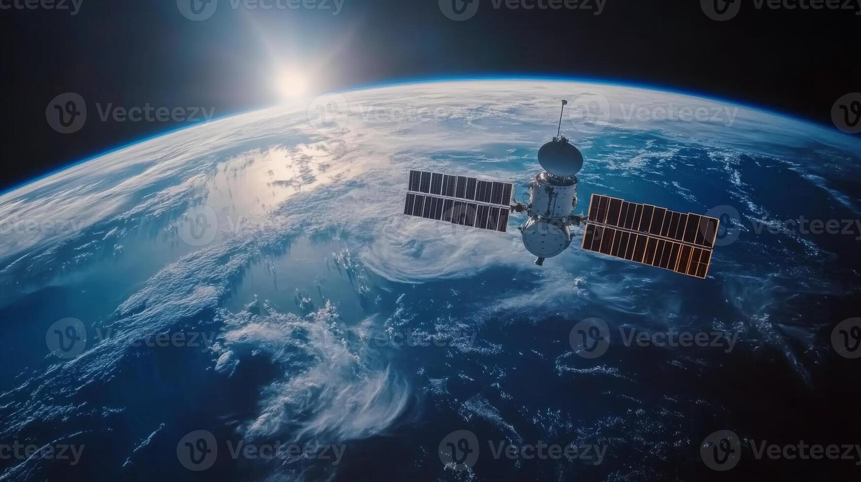Satellite orbiting Earth, with a view of the planet's surface and atmosphere photo