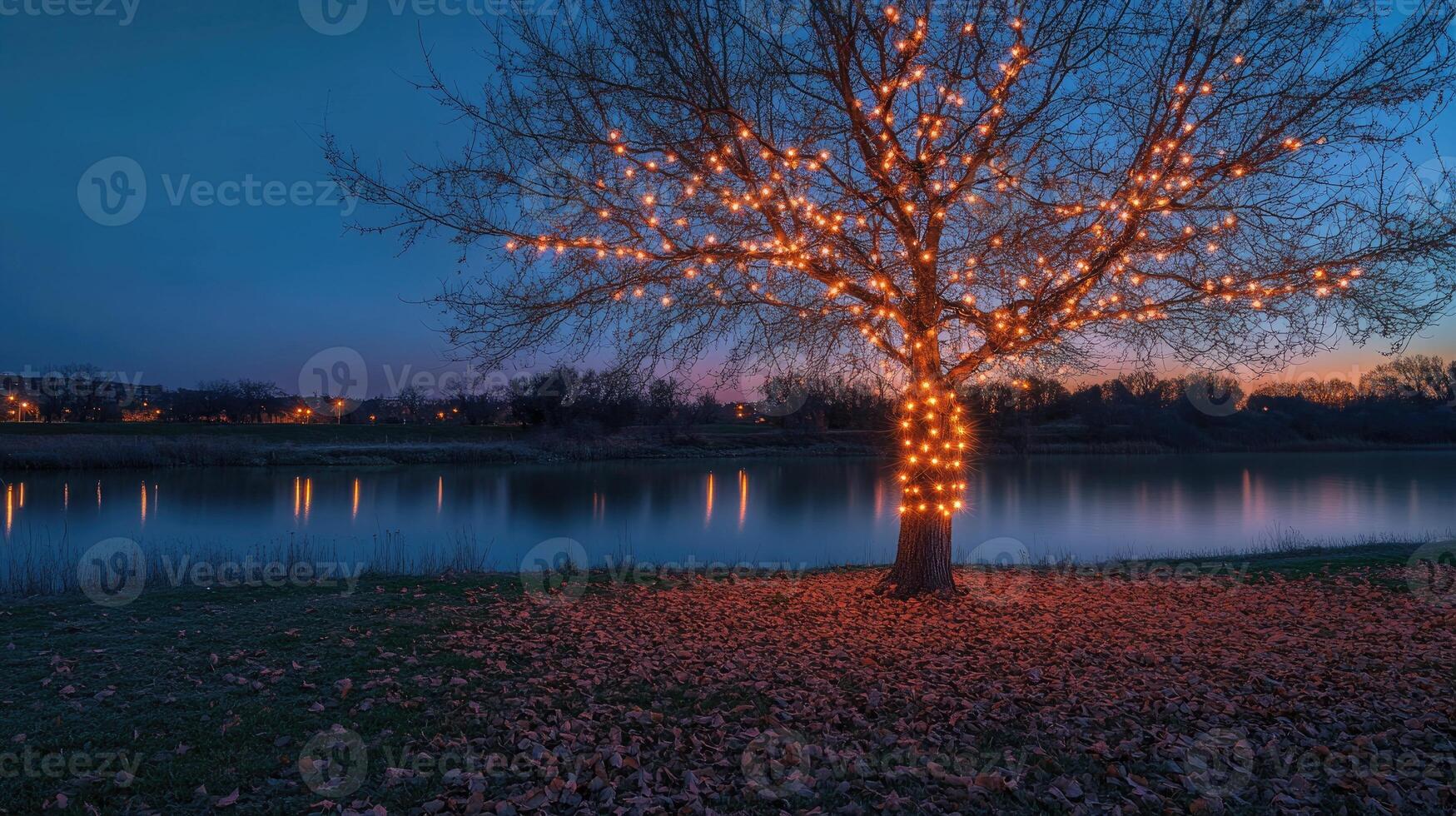 Sparse autumn tree with glowing string lights wrapped around its branches photo