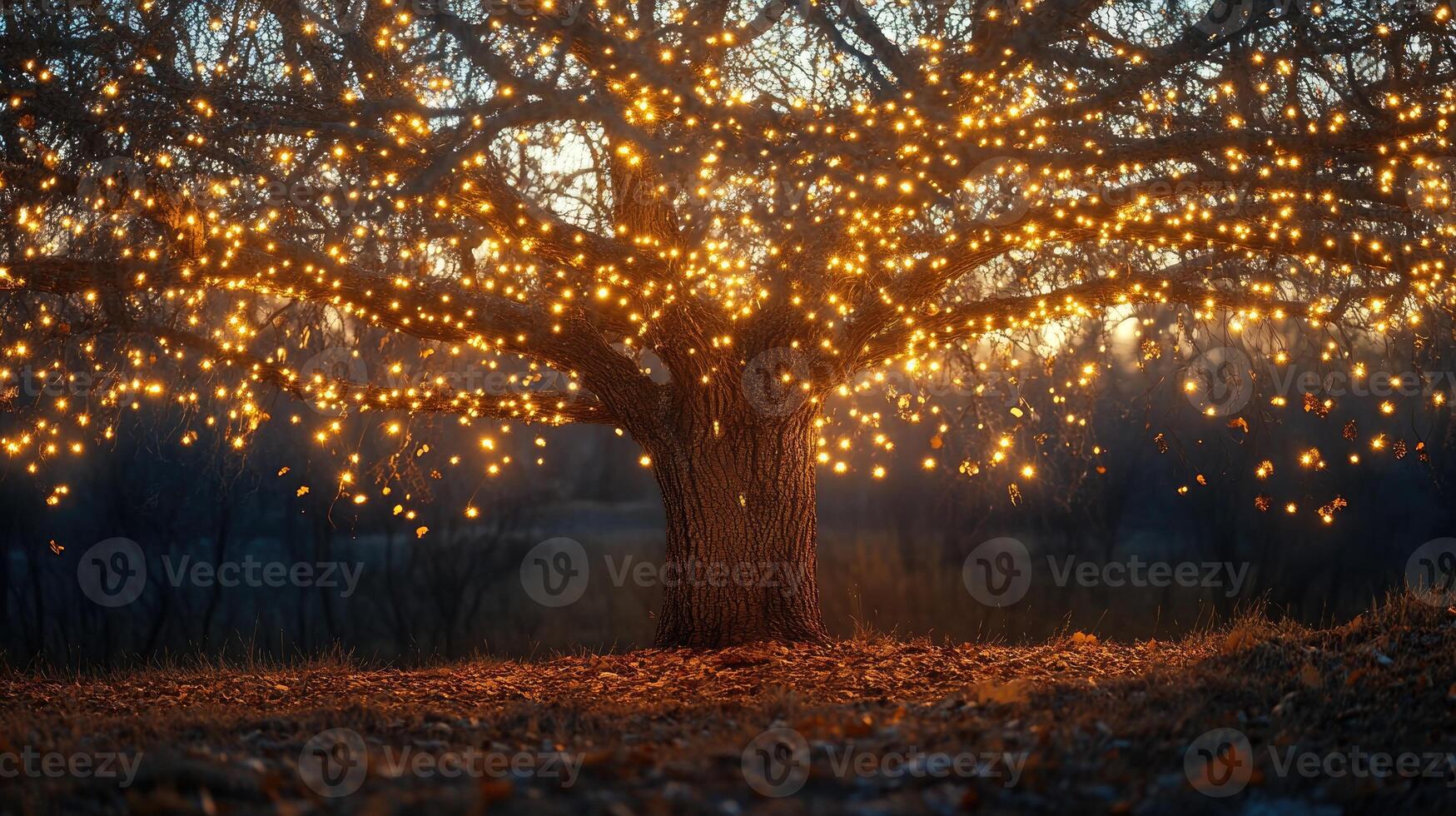 Nearly bare tree covered in fairy lights, golden light glowing photo