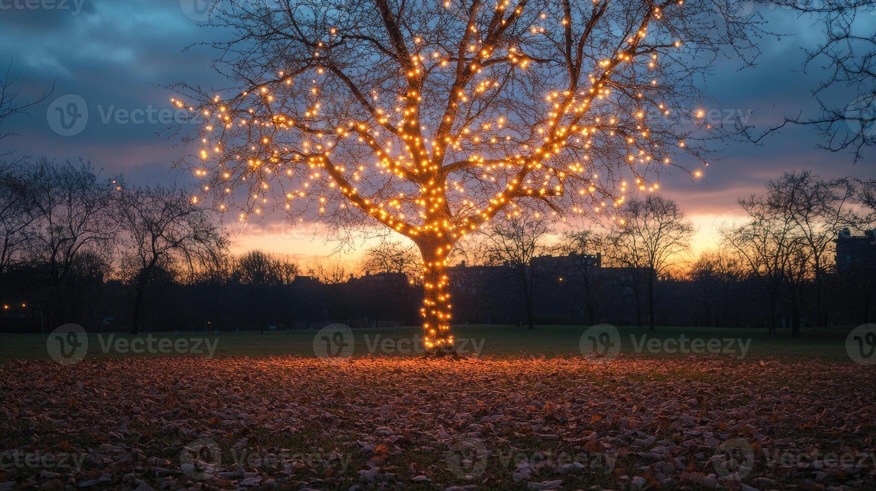 Sparse autumn tree with glowing string lights wrapped around its branches photo