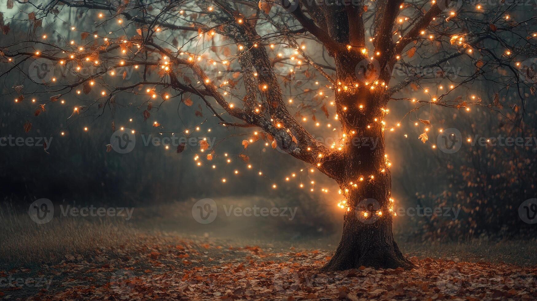 Sparse autumn tree with glowing string lights wrapped around its branches photo