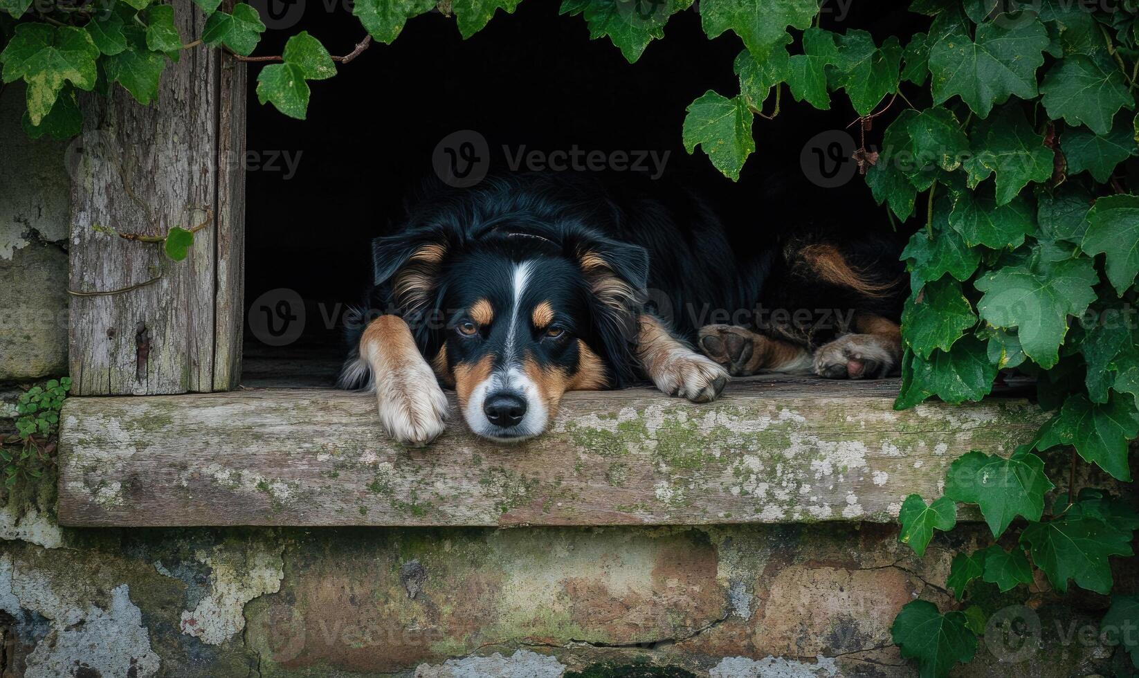 Scottish Sheepdog lying on a rustic porch, countryside view photo