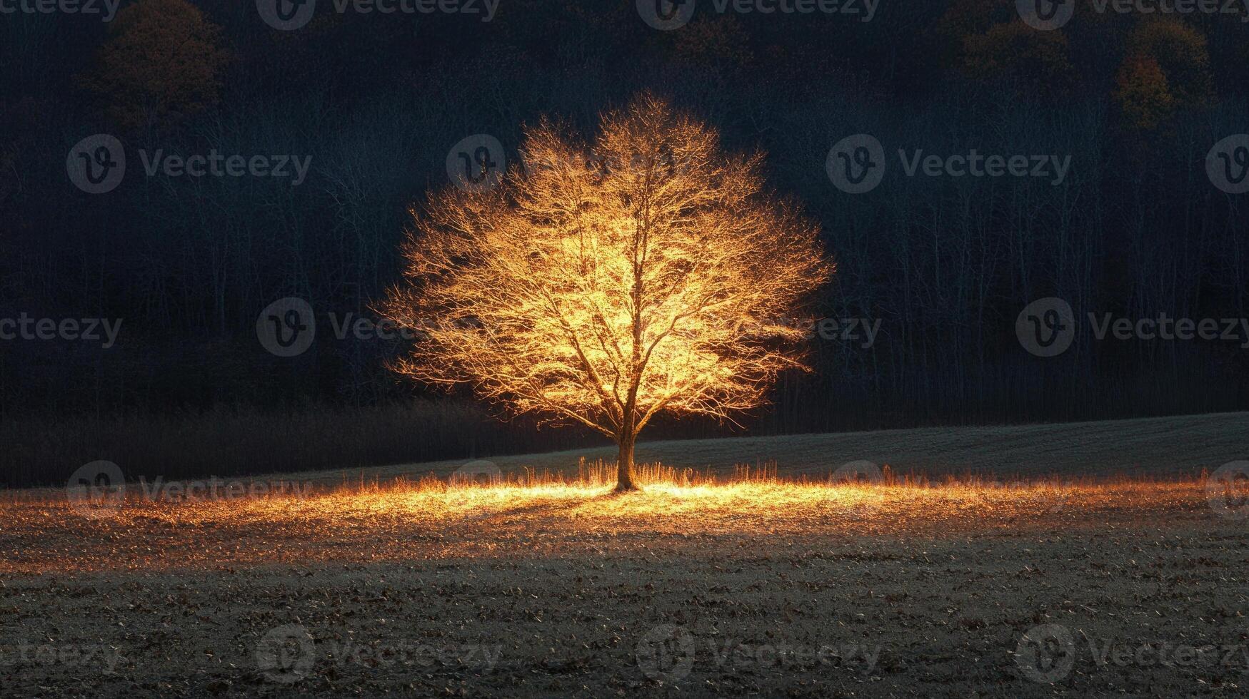 Nearly leafless autumn tree wrapped in glowing warm lights photo