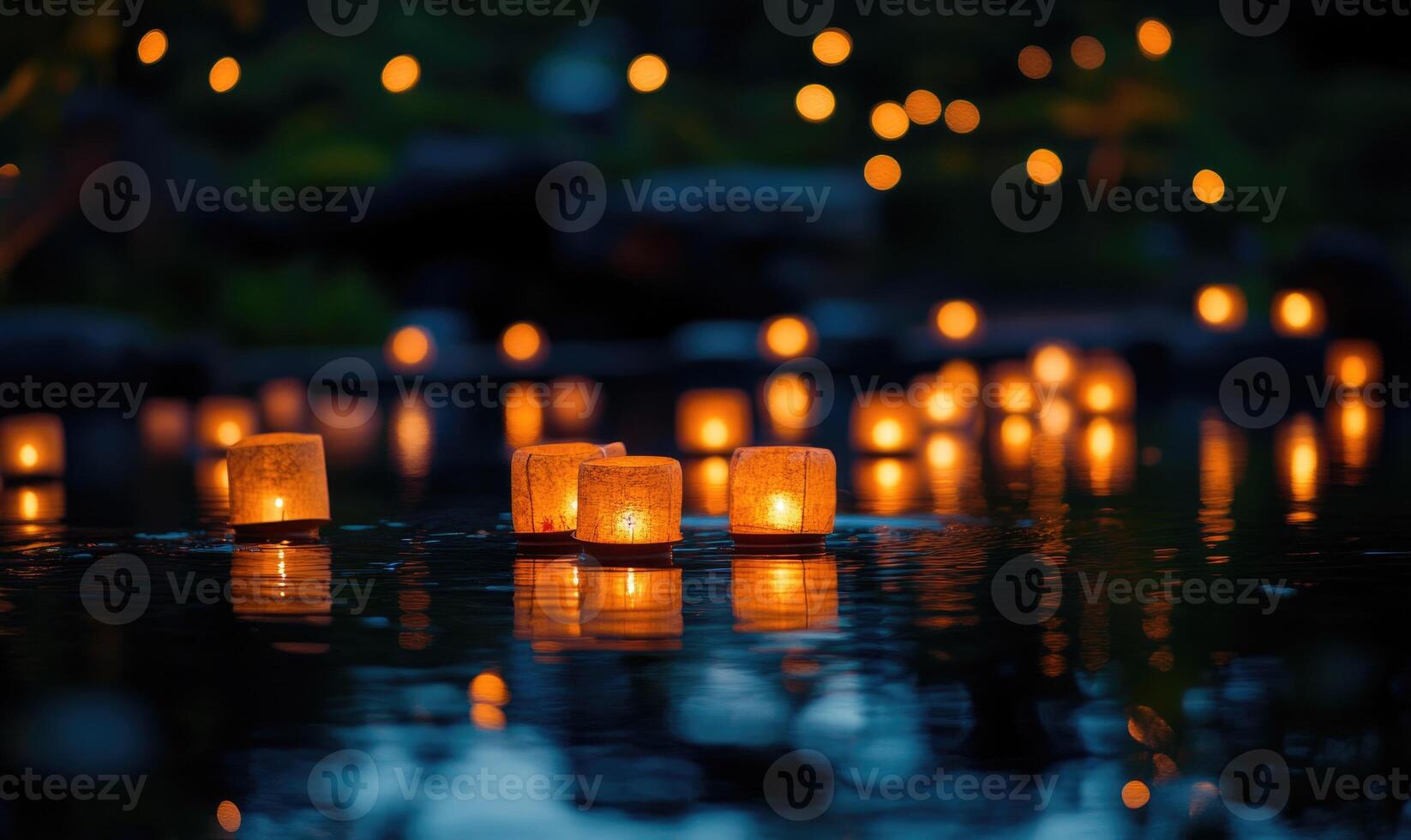 Lanterns glowing brightly on a still pond photo