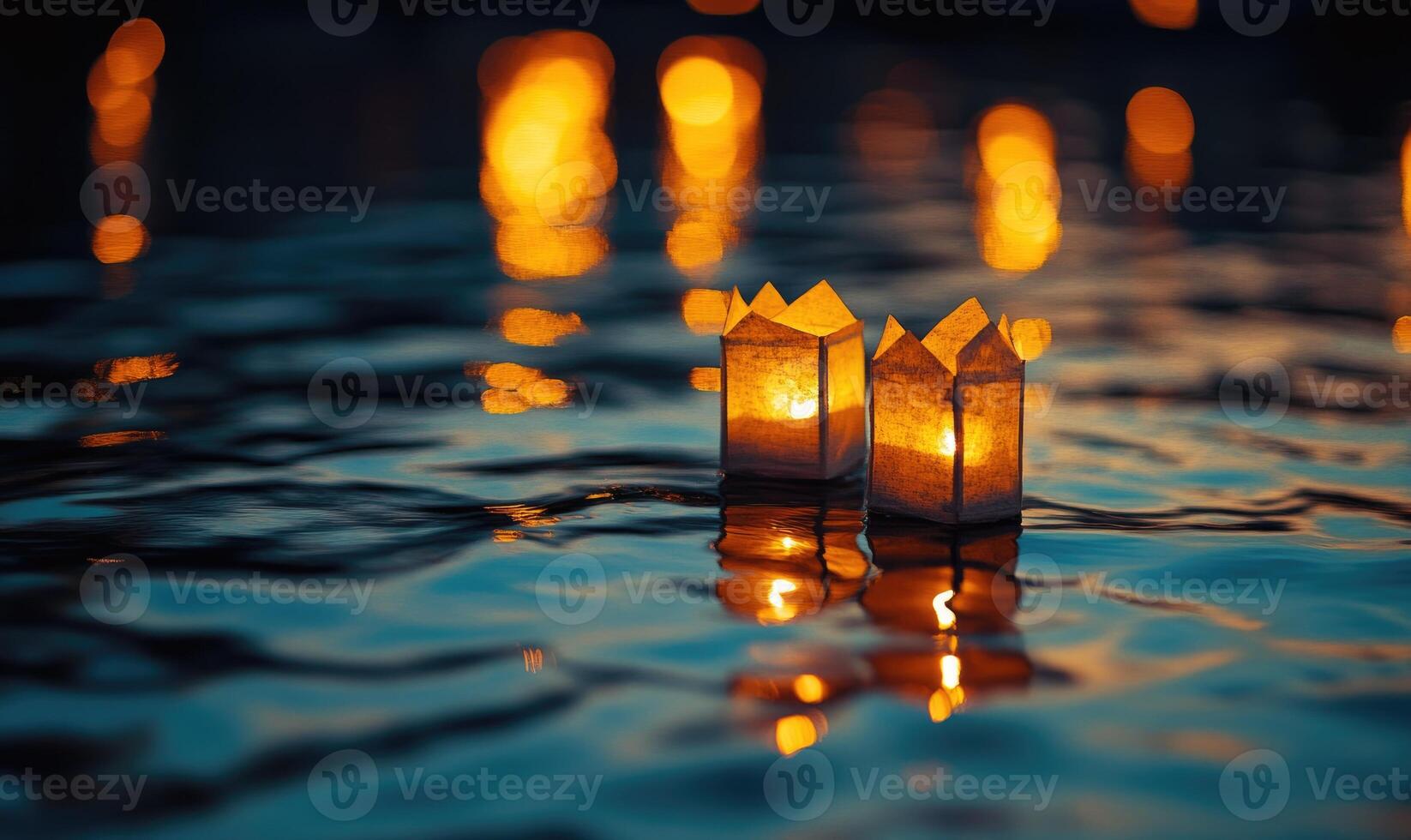 Lanterns glowing brightly on a still pond photo
