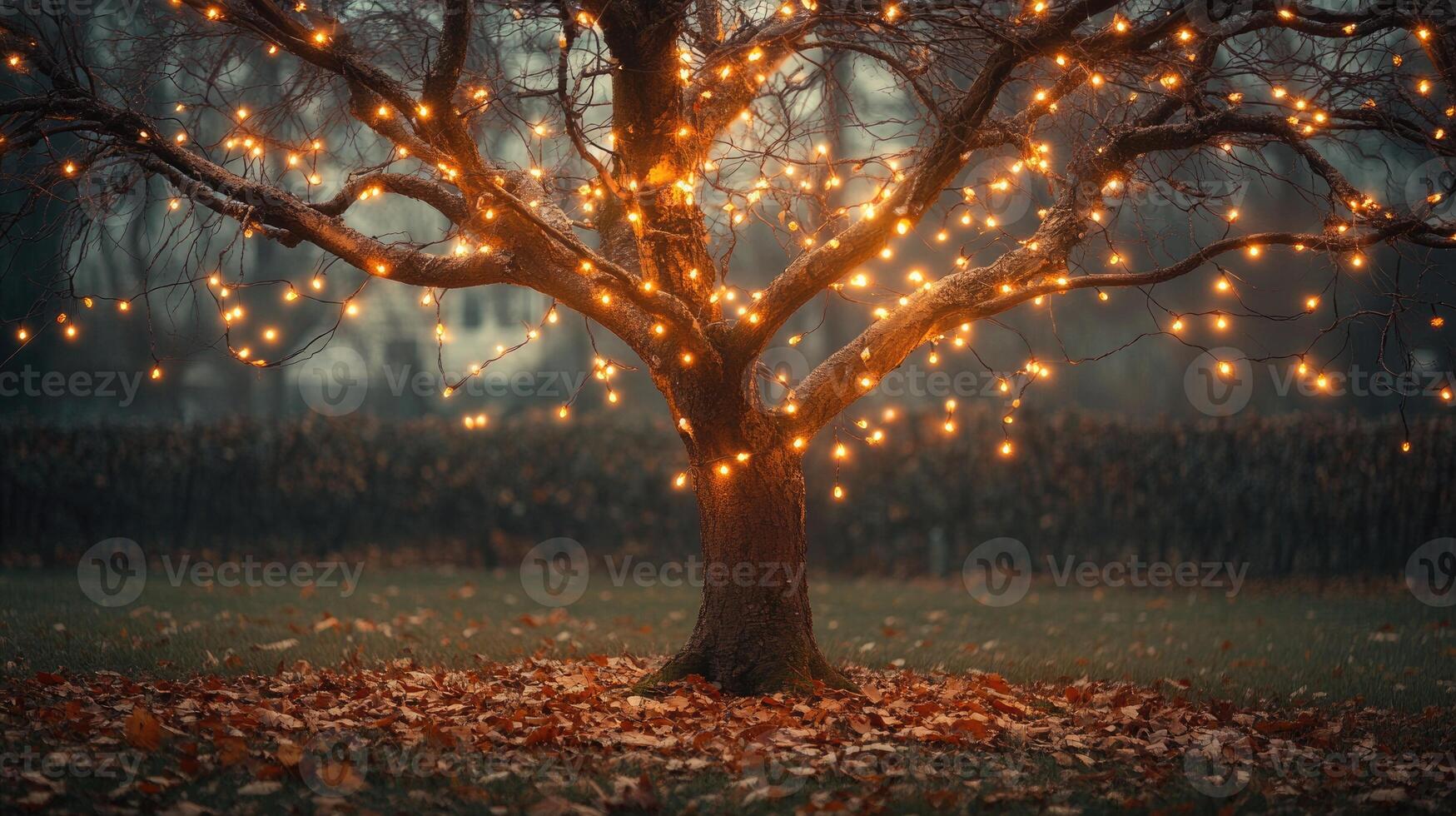 Leafless autumn tree adorned with glowing fairy lights photo