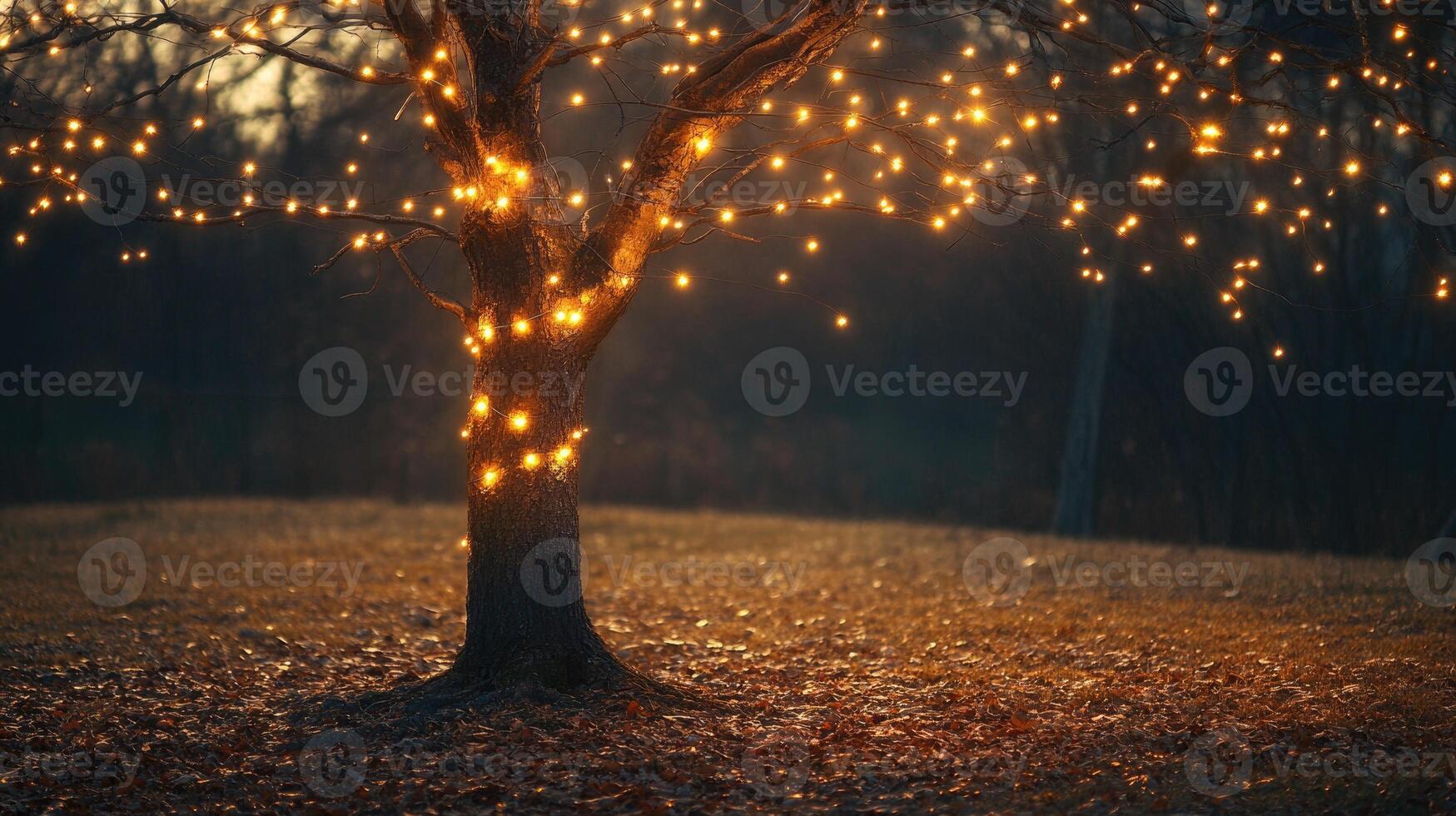 Leafless autumn tree adorned with glowing fairy lights photo