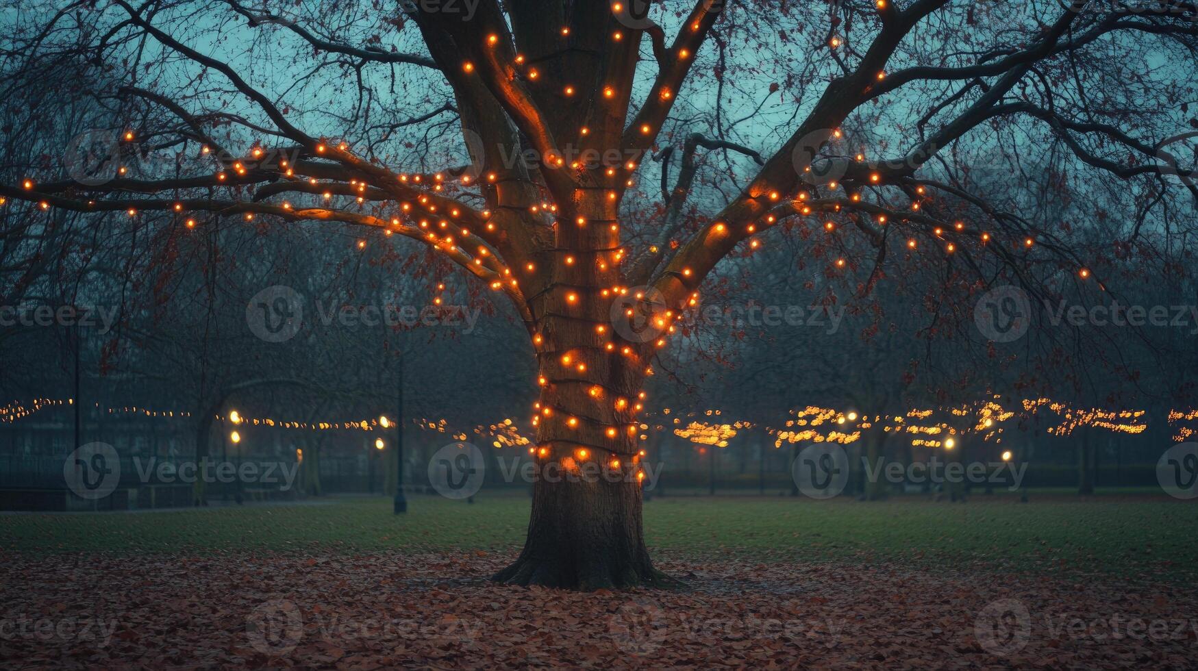 Leafless autumn tree adorned with glowing fairy lights photo